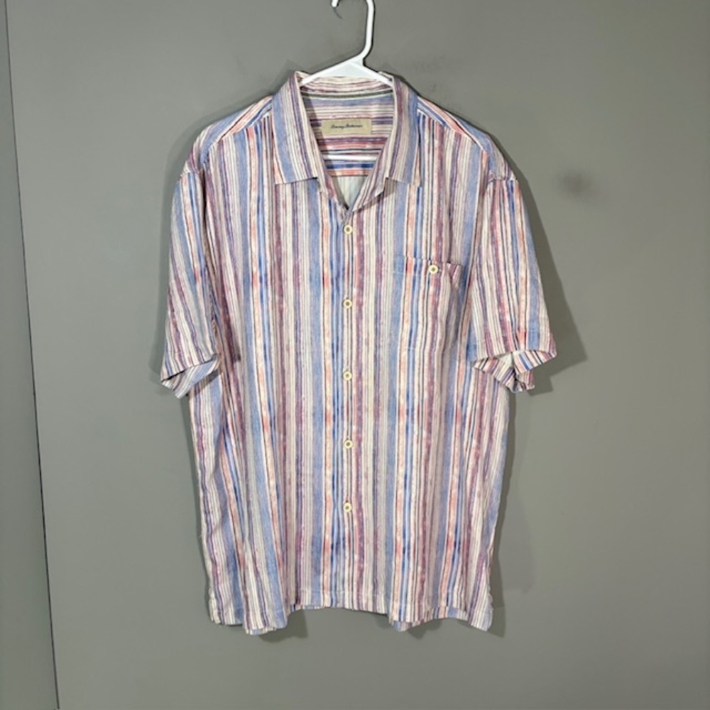 Tommy Bahama Shirt Mens XL Multicolor Stripe Short Sleeve Button Up Silk Casual